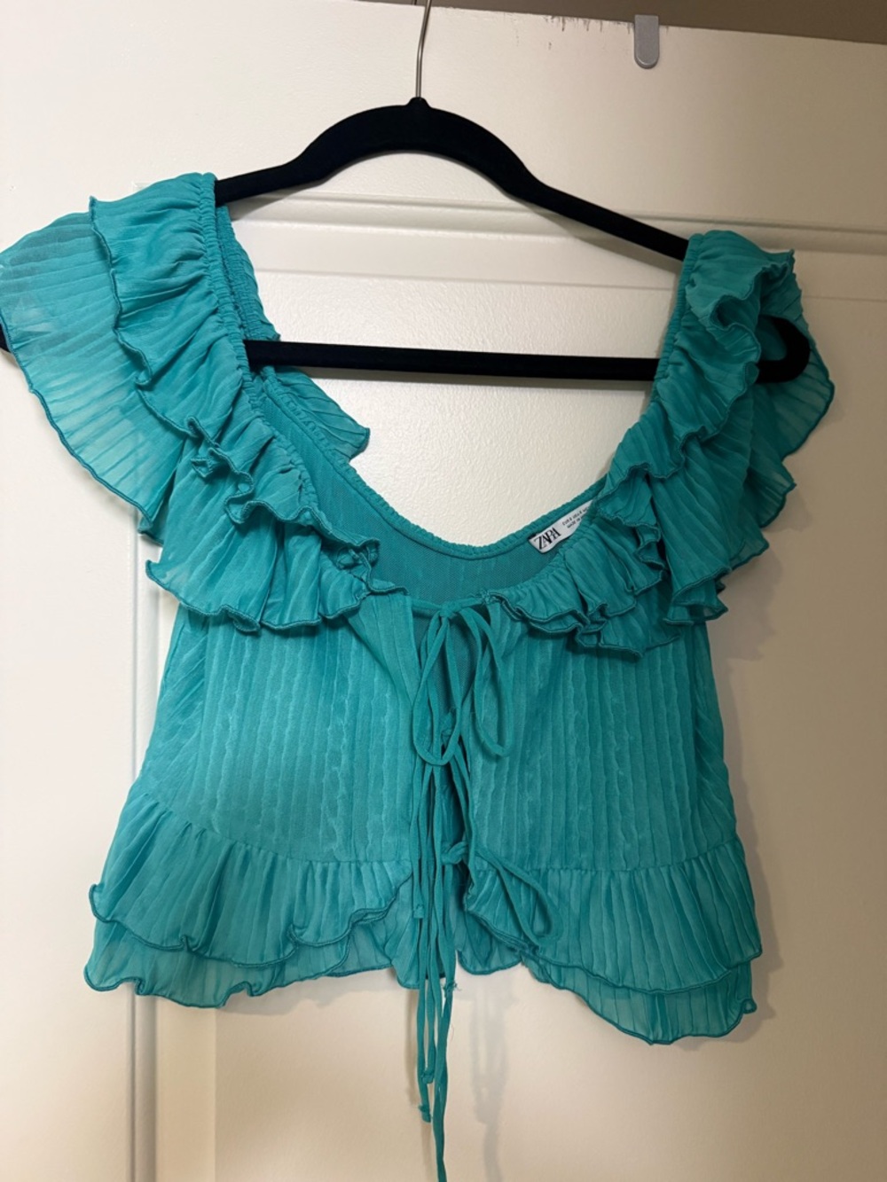 Zara Teal Ruffle Tie-Front Crop Top
